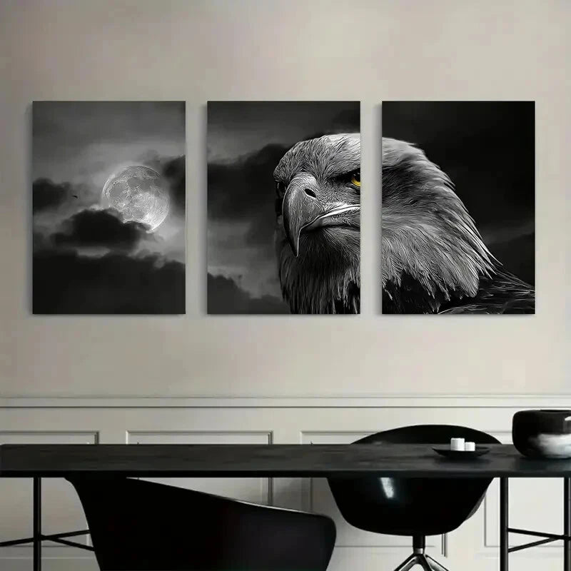 3pcs Black and White Eagle Yellow Eyes Metal Print Ready to Hang Art - Bella Home Decor