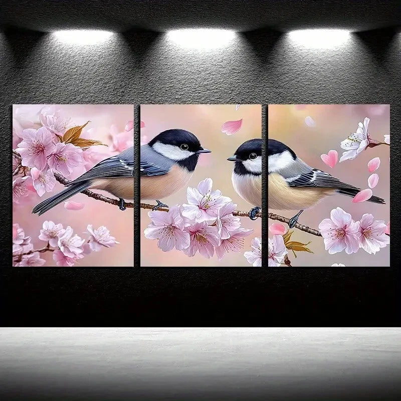 3pcs Vibrant Birds on Pink Floral Branches Scene Metal Print Ready to Hang Art - Bella Home Decor