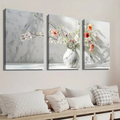 3pcs Botanical Floral Marble Vase Wall Art Set Canvas Unframed - High Quality Print 100% Australian Made Wall Canvas - Bella Home Decor