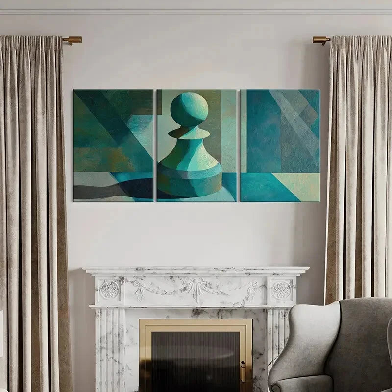 3pcs Abstract Chess Piece Geometric Patterns Blue Metal Print Ready to Hang Art - Bella Home Decor