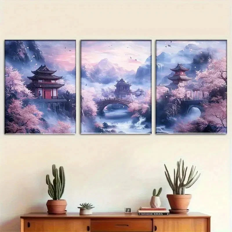3pcs Featuring Tall Buildings Cherry Blossoms Metal Print Ready to Hang Art - Bella Home Decor