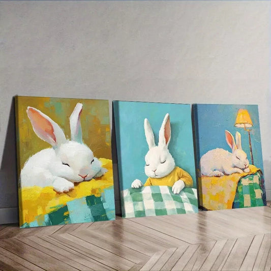 3pcs Featuring Rabbits In A Table Wall Art Set Canvas Framed 50x70cm - High Quality Print 100% Australian Made Wall Canvas Ready to Hang