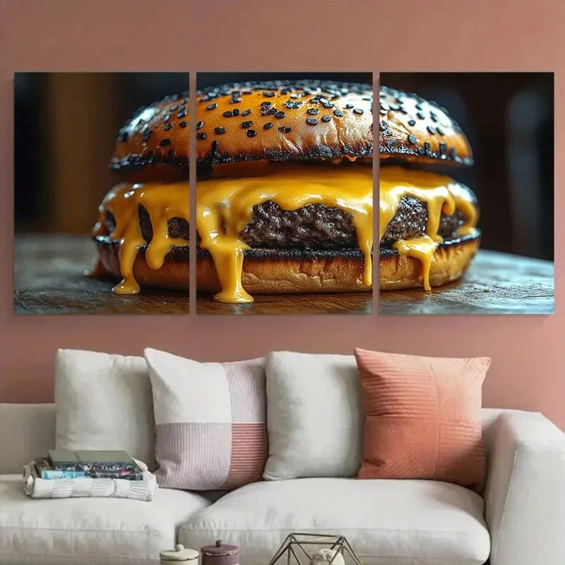 3pcs Black Burger Melting Cheese Food Wall Art Set Canvas Framed 40x60cm - High Quality Print 100% Australian Made Wall Canvas Ready to Hang - Bella Home Decor