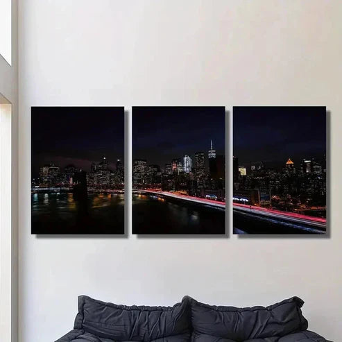 3pcs New York City Night Skyline Decor Wall Art Set Canvas Unframed - High Quality Print 100% Australian Made Wall Canvas