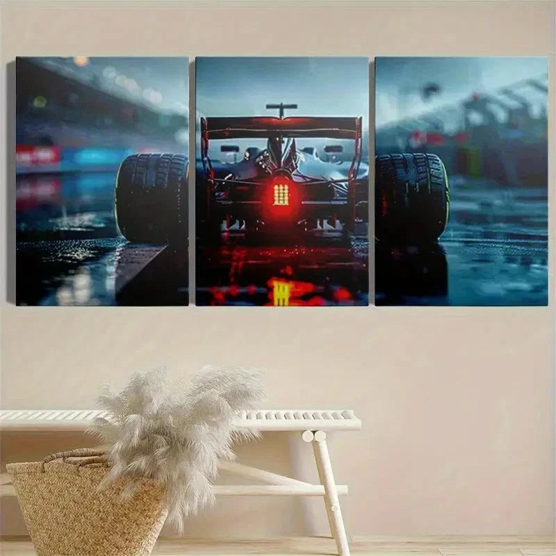 3pcs Dynamic Racing Car with Red Tire marks Metal Print Ready to Hang Art - Bella Home Decor