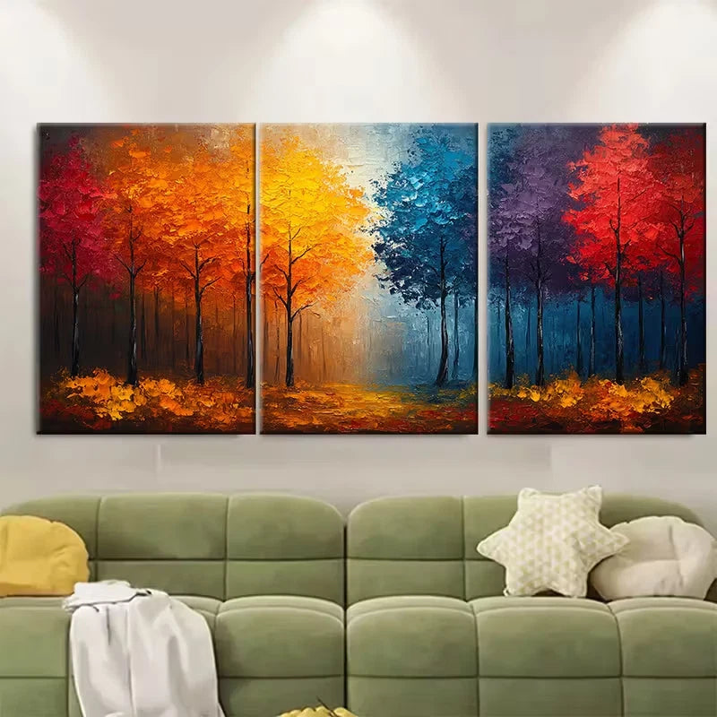 3pcs Abstract Colorful Autumn Forest Oil Painting Metal Print Ready to Hang Art - Bella Home Decor