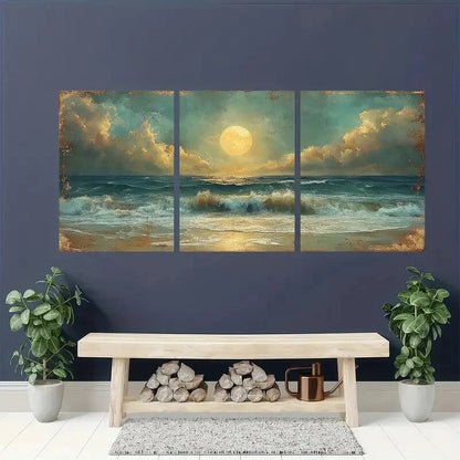 3pcs Moonlit Seaside Vintage Rustic Nature Metal Print Ready to Hang Art - Bella Home Decor