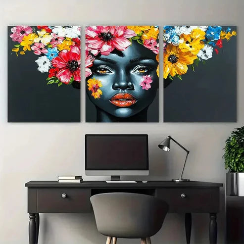 3pcs Floral Painting African Lady Portrait Black Wall Art Canvas Unframed - High Quality Print 100% Australian Made Wall Canvas