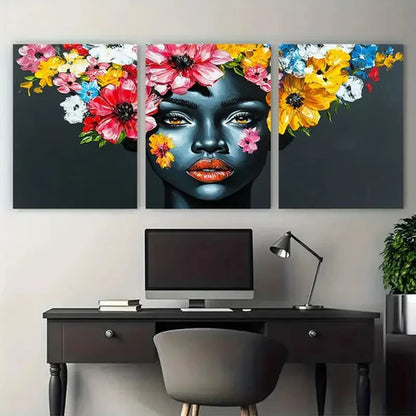 3pcs Floral Painting African Lady Portrait Black Wall Art Canvas Unframed - High Quality Print 100% Australian Made Wall Canvas