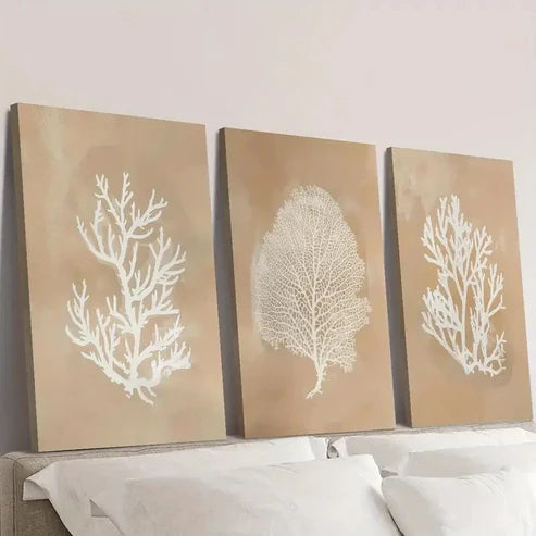 3pcs Beige Coral Art, Seaweed Botanical Painting Wall Art Canvas Unframed - High Quality Print 100% Australian Made Wall Canvas - Bella Home Decor
