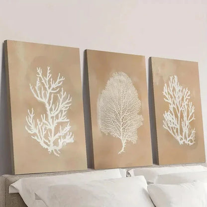 3pcs Beige Coral Art, Seaweed Botanical Painting Wall Art Canvas Unframed - High Quality Print 100% Australian Made Wall Canvas - Bella Home Decor