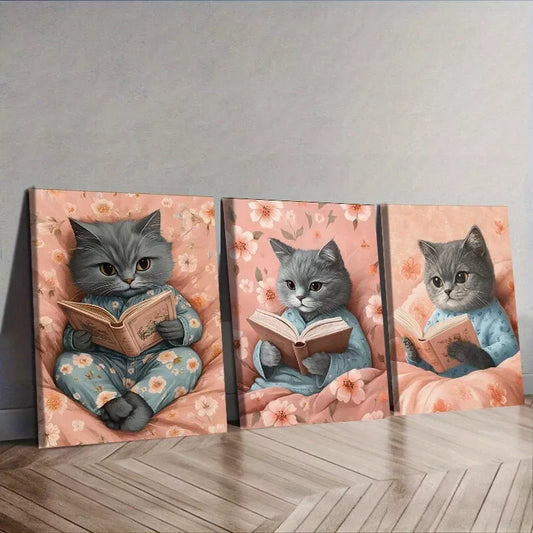 3pcs Featuring A Cat Reading Wall Art Set Canvas Framed 50x70cm - High Quality Print 100% Australian Made Wall Canvas Ready to Hang
