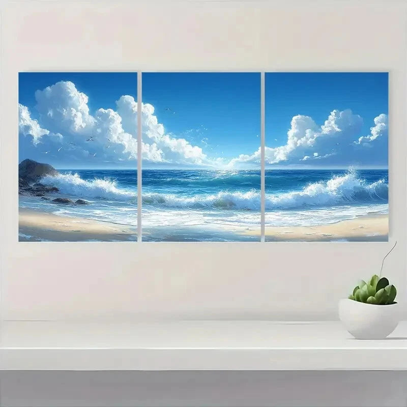 3pcs Vintage Beach Ocean Scene Blue Sky & Waves Metal Print Ready to Hang Art - Bella Home Decor