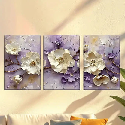 3pcs a painting of white flowers on a purple  Wall Art Set Canvas Unframed - High Quality Print 100% Australian Made Wall Canvas - Bella Home Decor