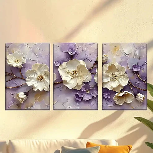 3pcs a painting of white flowers on a purple Wall Art Set Canvas Unframed - High Quality Print 100% Australian Made Wall Canvas