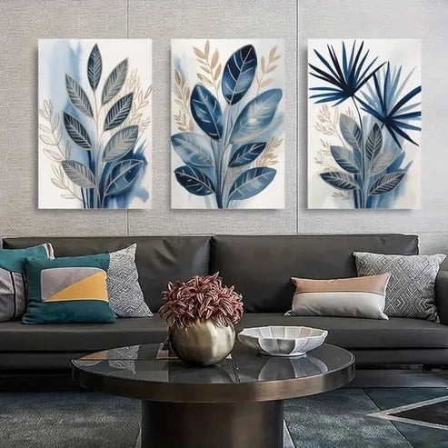 3pcs Blue Leaves, Beige Leaves Wall Art Canvas Unframed - High Quality Print 100% Australian Made Wall Canvas - Bella Home Decor