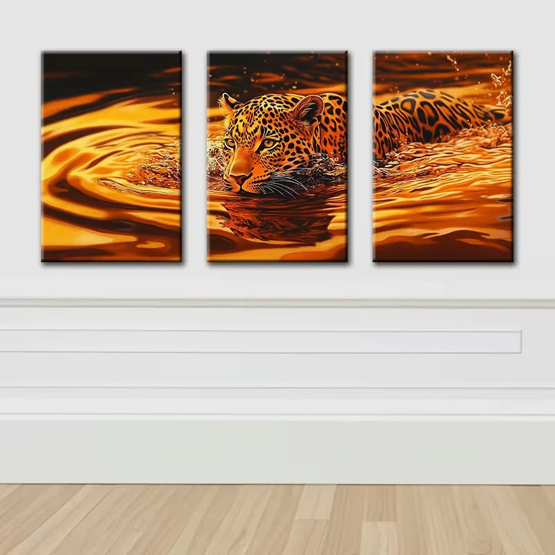 3pcs The swimming leopard Wall Art Set Canvas Framed 60x90cm - High Quality Print 100% Australian Made Wall Canvas Ready to Hang