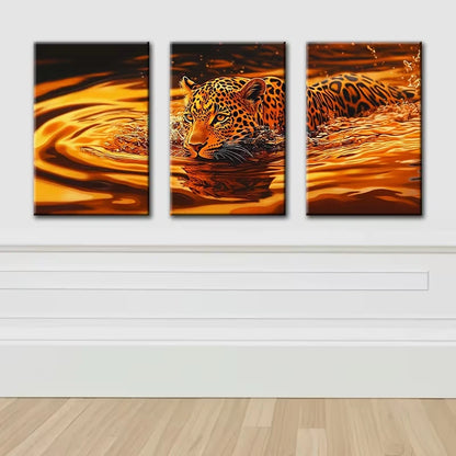3pcs The swimming leopard Wall Art Set Canvas Framed 60x90cm - High Quality Print 100% Australian Made Wall Canvas Ready to Hang