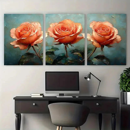 3pcs Rose Flowers Botanical Impasto Design Metal Print Ready to Hang Art - Bella Home Decor
