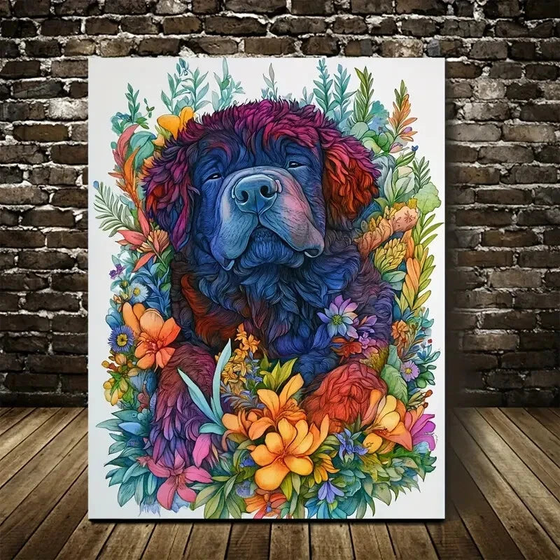Cute Tibetan Mastiff Dog with Vibrant Floral  40x60cm Metal Print Ready to Hang - Bella Home Decor