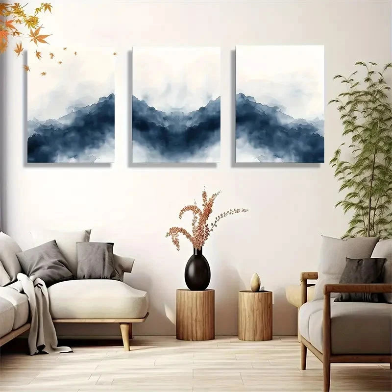 3pcs Blue and White Abstract Zen Scenery Metal Print Ready to Hang Art - Bella Home Decor