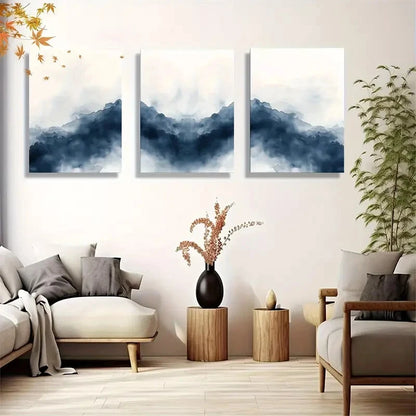 3pcs Blue and White Abstract Zen Scenery Metal Print Ready to Hang Art - Bella Home Decor