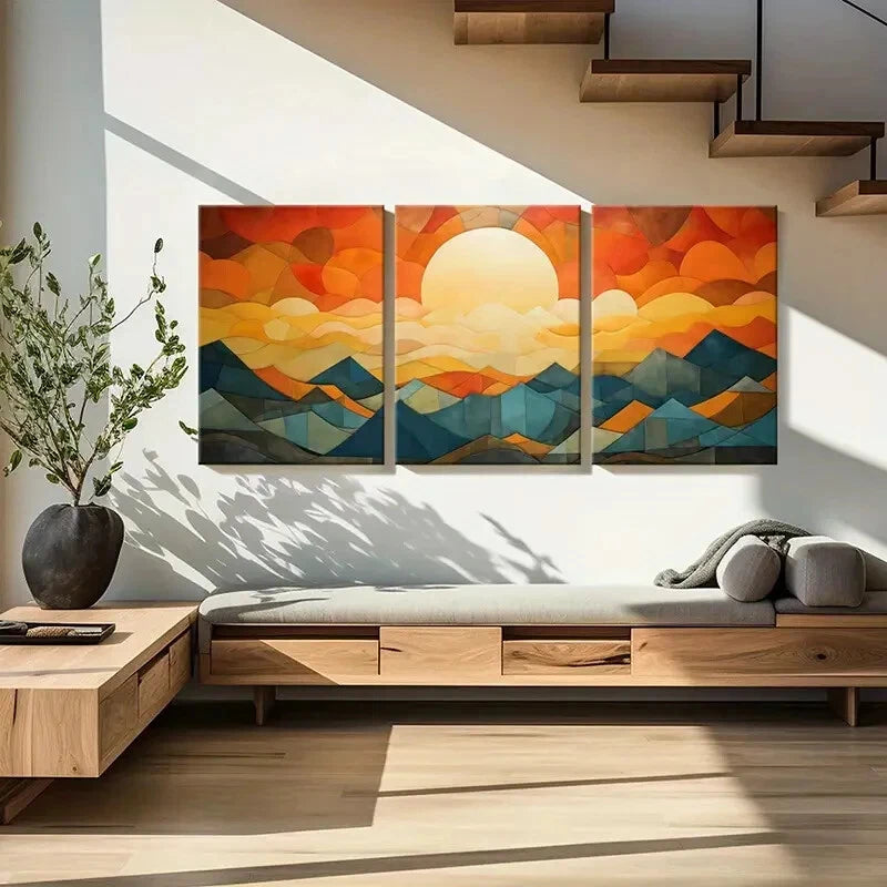 3pcs Sunset Mountains Clouds Abstract Landscape Metal Print Ready to Hang Art - Bella Home Decor