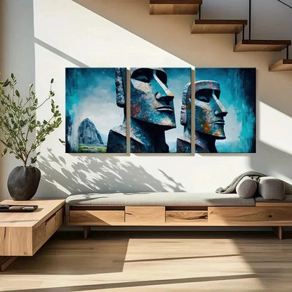 3pcs Abstract Moai Statues Art Blue Tones Textured Metal Print Ready to Hang Art - Bella Home Decor