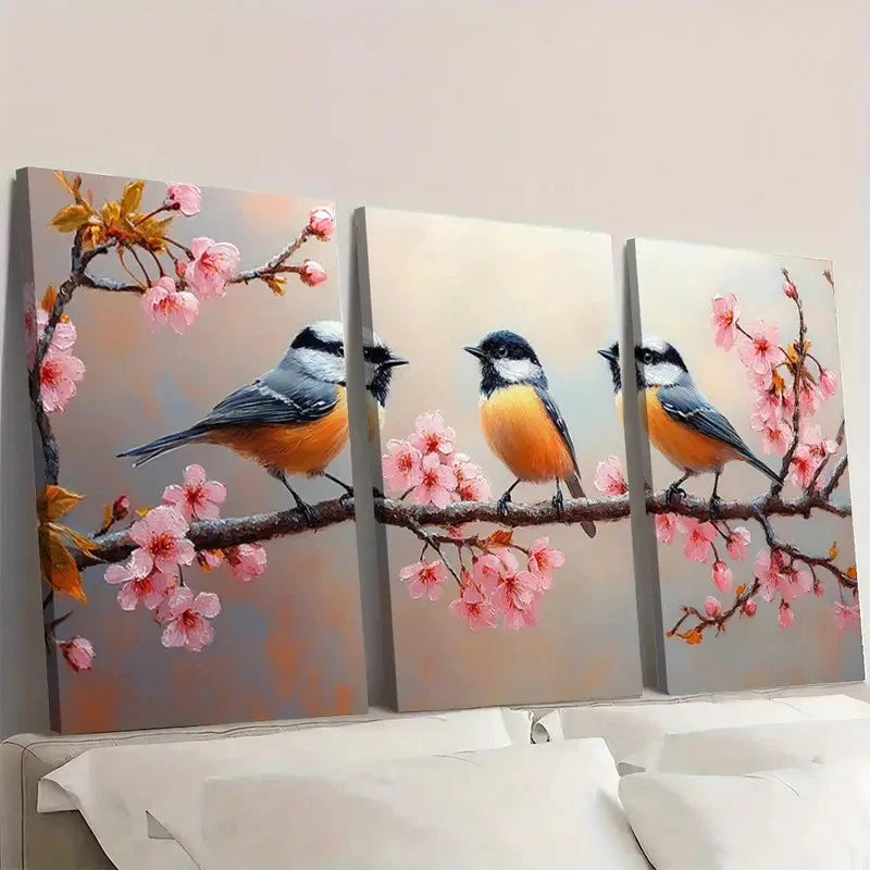 3pcs Three Chickadee Birds on a Cherry CB  Wall Art Set Canvas Framed 40x60cm - High Quality Print 100% Australian Made Wall Canvas Ready to Hang - Bella Home Decor
