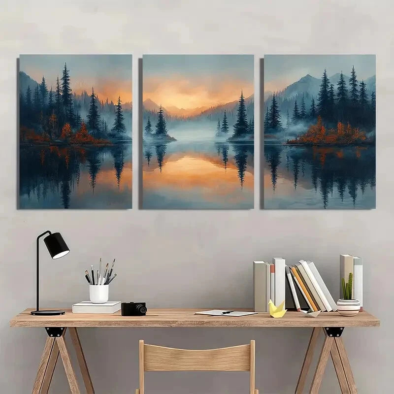 3pcs Misty Forest Reflection Landscape Tranquil Metal Print Ready to Hang Art - Bella Home Decor