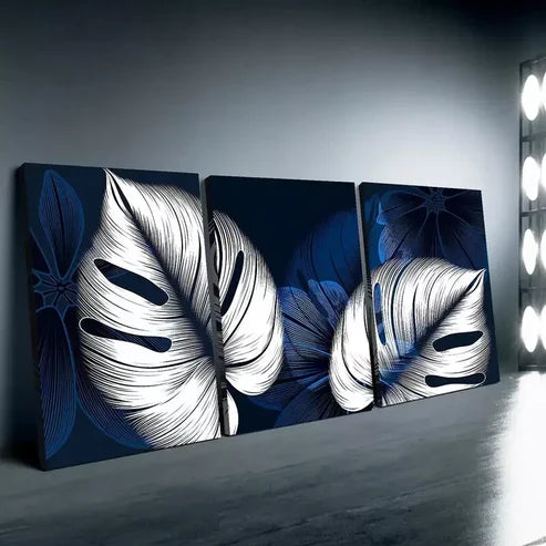 3pcs Modern Abstract Blue & White Leaves Canvas Framed 60x90cm - High Quality Print 100% Australian Made Wall Canvas Ready to Hang