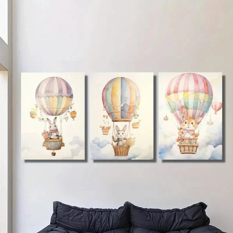 3pcs Hot Air Balloon Baby Arctic Hare Metal Print Ready to Hang Art