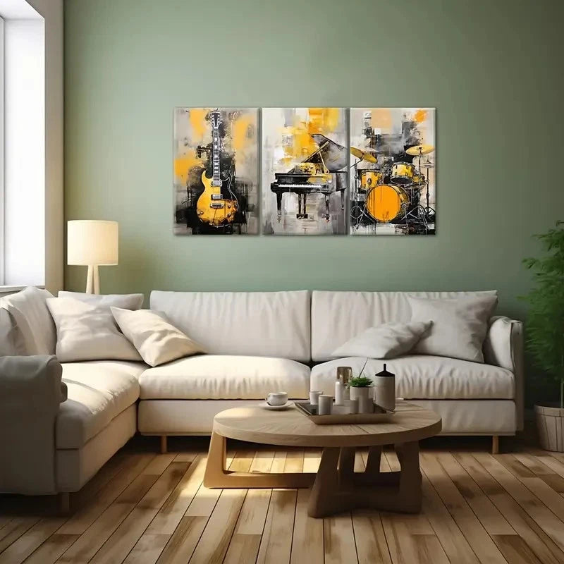3pcs Black and Golden Guitar Piano Drum Metal Print Ready to Hang Art - Bella Home Decor