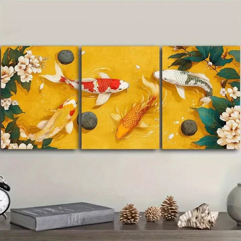 3pcs Koi Fish In A Pond Of Stones And Flowers Wall Art Canvas Unframed - High Quality Print 100% Australian Made Wall Canvas