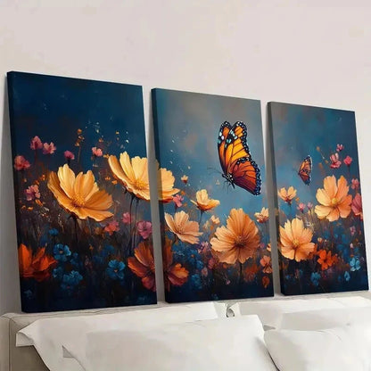 3pcs Vibrant Floral and Butterfly Art iy  Wall Art Set Canvas Framed 50x70cm - High Quality Print 100% Australian Made Wall Canvas Ready to Hang