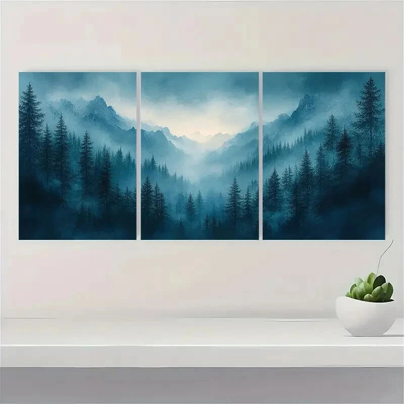 3pcs Misty Blue & Emerald Green Mountain Landscape Metal Print Ready to Hang Art - Bella Home Decor