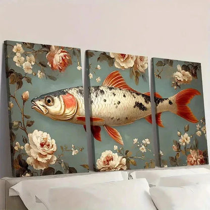 3pcs Vintage Fish Print on Neutral Floral  Wall Art Set Canvas Unframed - High Quality Print 100% Australian Made Wall Canvas - Bella Home Decor