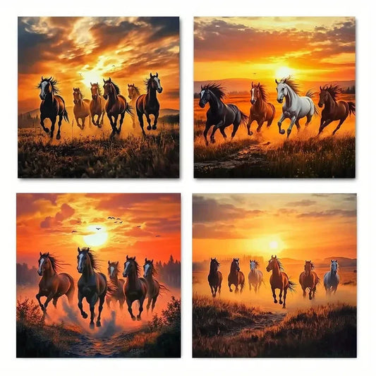 4pcs Majestic Horses in Sunset Galloping Wall Art Canvas Framed