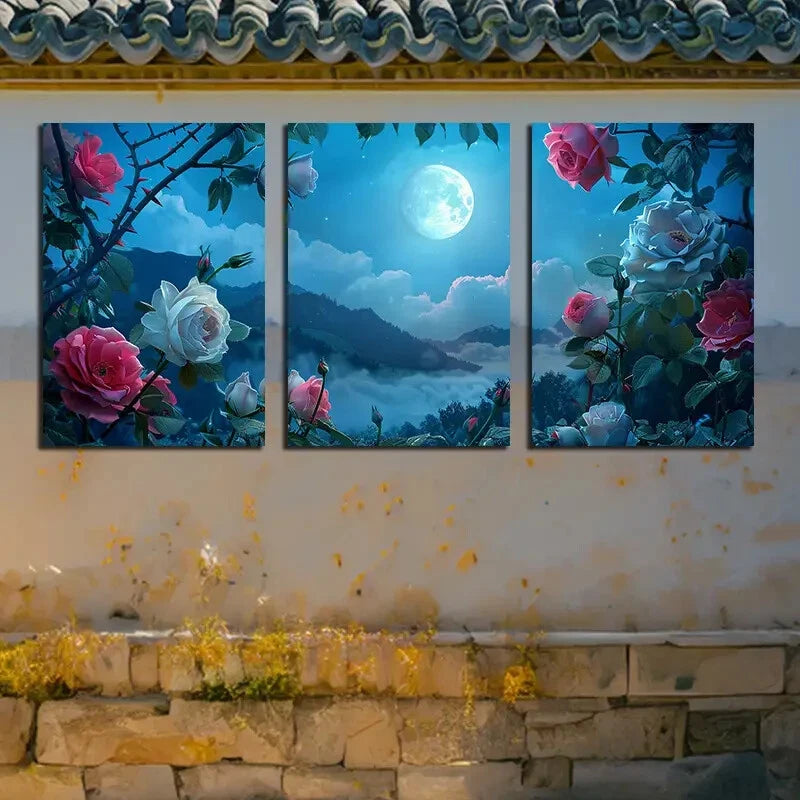 3pcs Beautiful Roses and Moon Night Design Metal Print Ready to Hang Art - Bella Home Decor