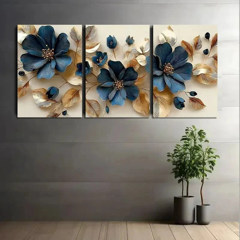 3pcs Dark Blue Flowers with Golden Leaves Metal Print Ready to Hang Art - Bella Home Decor