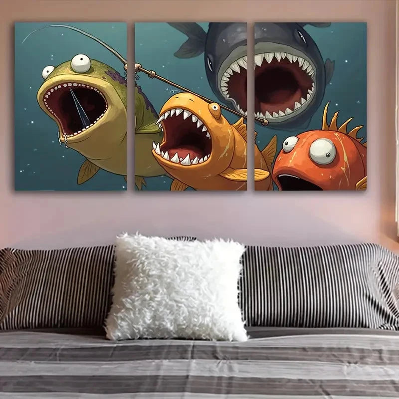 3pcs Fish Mouth Artwork Wall Art Set Canvas Framed 50x70cm - High Quality Print 100% Australian Made Wall Canvas Ready to Hang