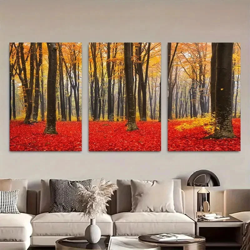 3pcs Red & Yellow Leaves Nature Photography Metal Print Ready to Hang Art