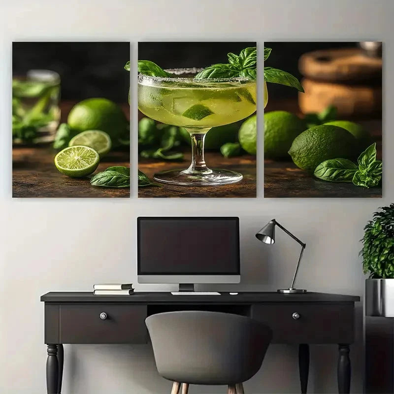 3pcs Fresh Basil Zesty Limes Gin Cocktail Metal Print Ready to Hang Art - Bella Home Decor