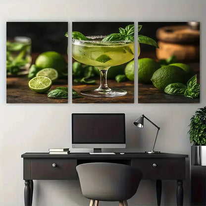 3pcs Fresh Basil Zesty Limes Gin Cocktail Metal Print Ready to Hang Art - Bella Home Decor