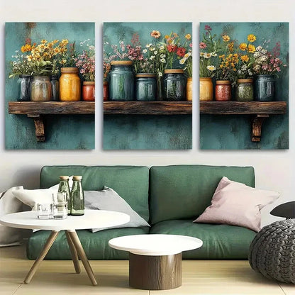 3pcs Boho Botanical Wildflowers & Herb Jars Metal Print Ready to Hang Art