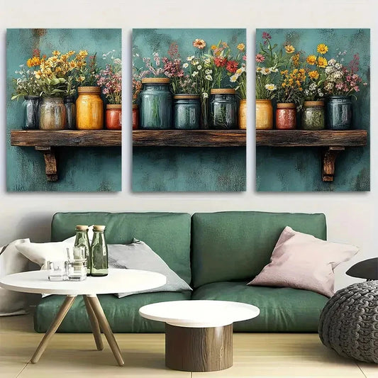 3pcs Boho Botanical Wildflowers & Herb Jars Metal Print Ready to Hang Art