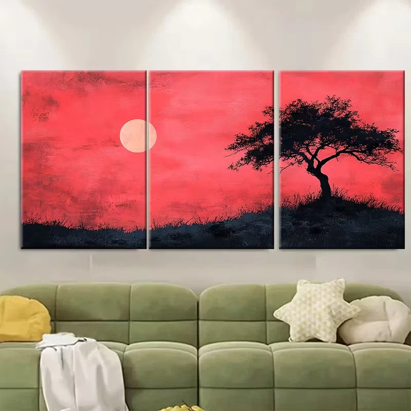 3pcs Abstract Pink Sky with Black Tree Silhouette Metal Print Ready to Hang Art - Bella Home Decor