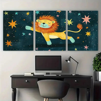 3pcs Little Lion Dancing Nursery Design Wall Art Set Canvas Framed 40x60cm - High Quality Print 100% Australian Made Wall Canvas Ready to Hang
