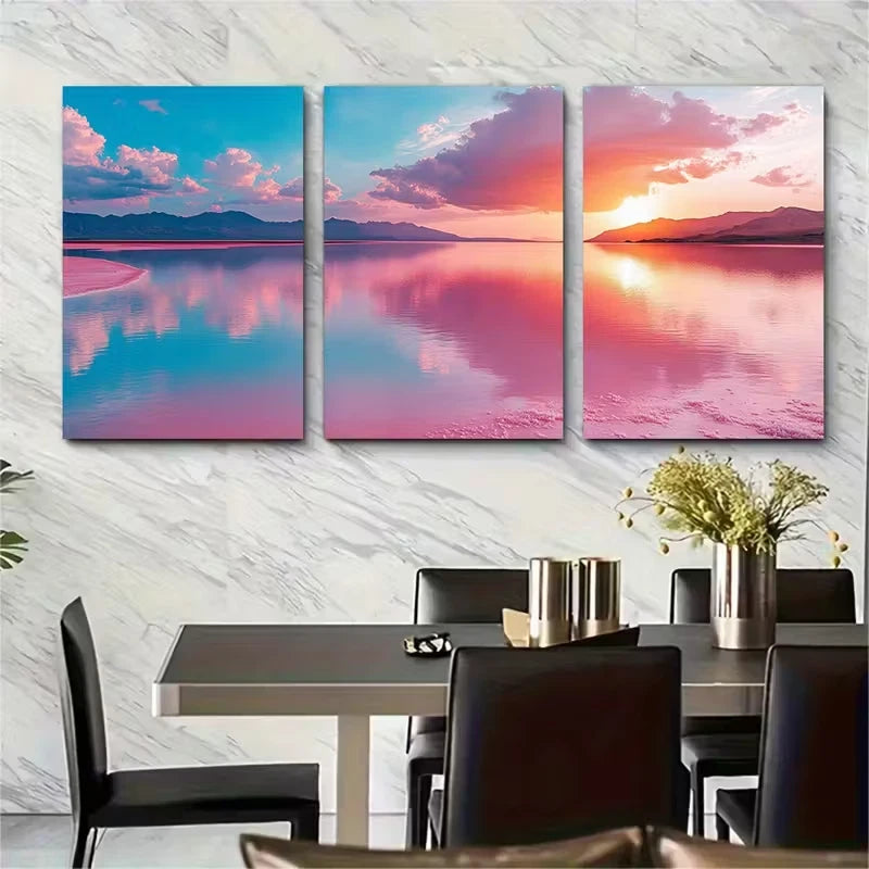 3pcs Pink Salt Lake Metal Print Ready to Hang Art