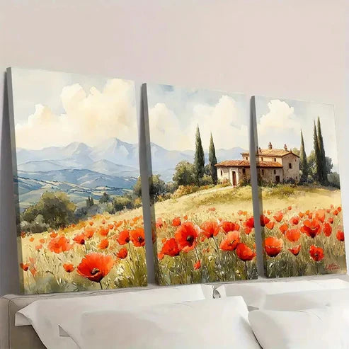 3pcs Italian Poppy Countryside Landscape Wall Art Set Canvas Unframed - High Quality Print 100% Australian Made Wall Canvas - Bella Home Decor